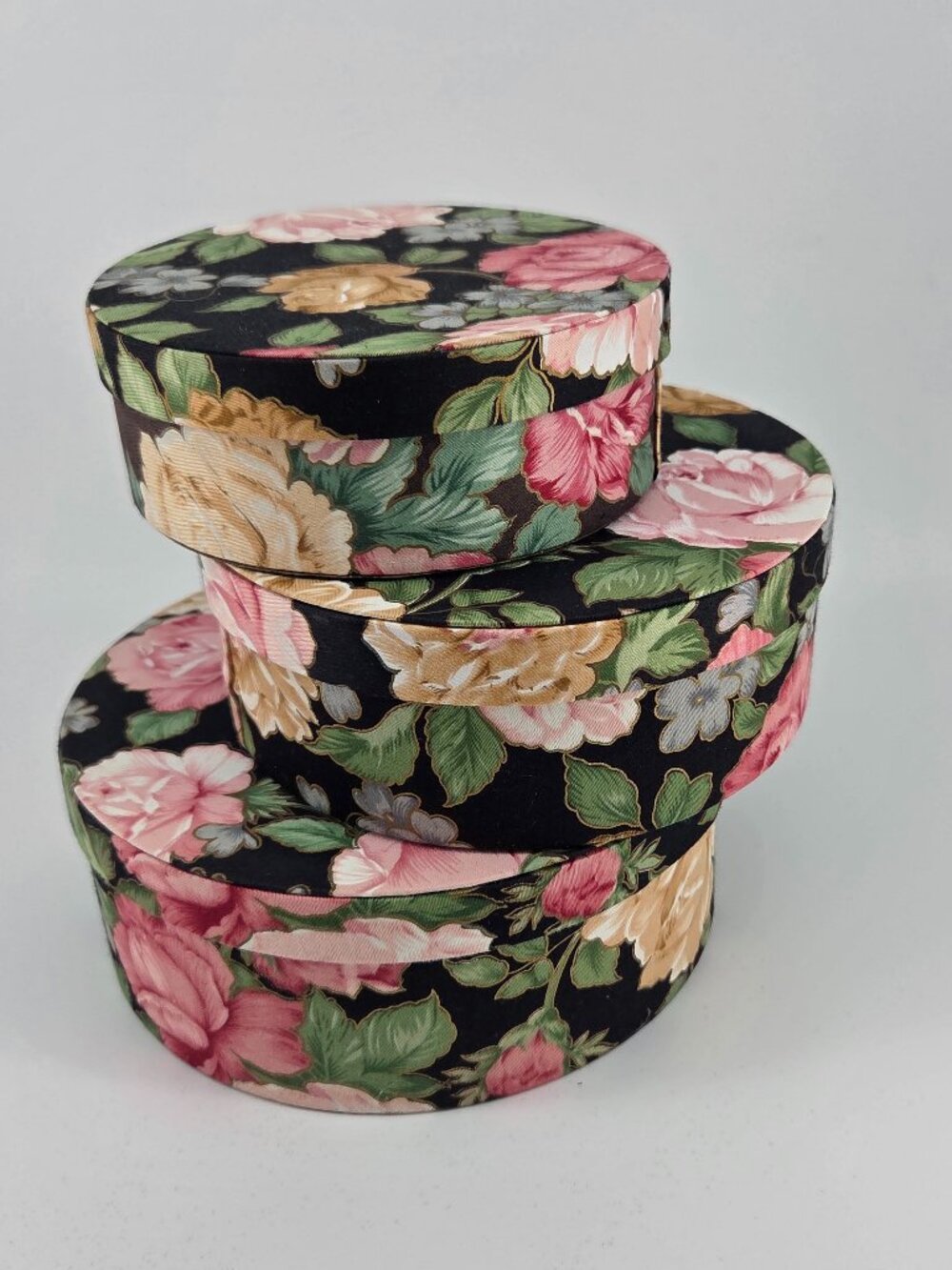Vintage Chintz Floral Rose Black Nesting Boxes Set Cottagecore